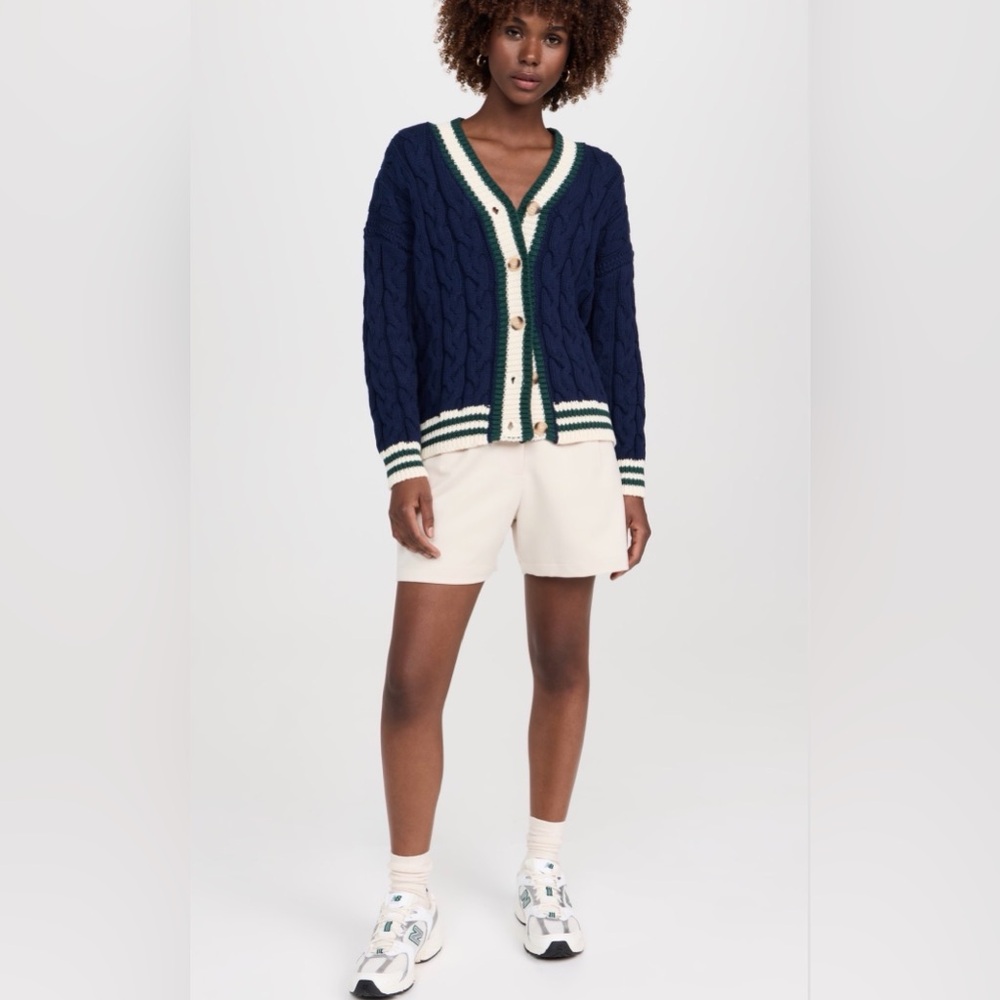 En Saison Navy Spencer Cable Knit Cardigan Sweater Grandpa Preppy Spring Medium